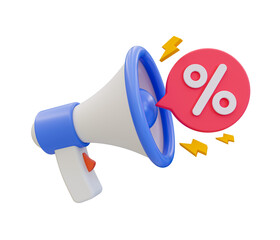 3d minimal shopping promotion. big sale. best offer. megaphone with a discount tag and lightning icons. 3d illustration.