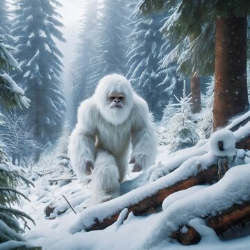 Yeti in the snow covered Himalaya mountains, mysterious furry creature walking in the frozen nature. Mythical furry ape-like creature. Extinct wild beast monster. Bigfoot. Generative AI