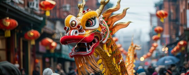 Fototapeta premium Lunar New Year dragon dance, streets alive, fortunes favored