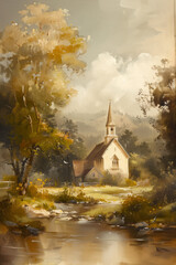 Vintage Church Painting - beautiful Landscape and neutral colors