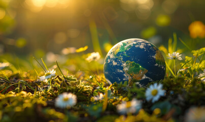 Obraz na płótnie Canvas A concept image of a small Earth globe nestled among wildflowers and grasses during sunrise.