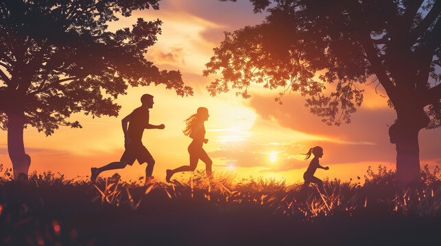 happy family. father mother and daughter together run throw up in park at sunset silhouette , Generative AI	
