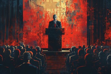 Vector hyper realistic of a speaker addressing a large audience during a political campaign, standing at a podium with dynamic elements like flags and banners in the background.