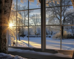 Quiet holiday morning, first light through frosted windows, serenity savored