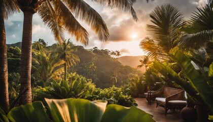 Sunset casts a warm glow over a luxurious tropical resort, highlighting lush foliage and serene relaxation spots