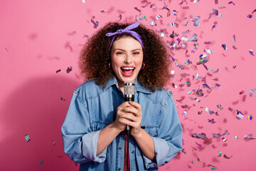 Photo of cheerful funny lady dressed jeans outfit giving concert isolated pink color background
