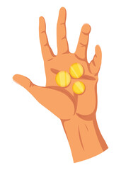 Hand with coins. Money donation, charity or investment. Coins or cash in hand. Colorful flat illustration with isolated on white