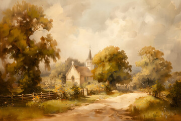 Vintage Church Painting - beautiful Landscape and neutral colors - obrazy, fototapety, plakaty