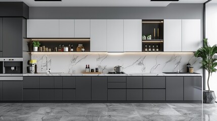 modern kitchen with grey cabinets and white walls, interior design, simple pattern wall tiles in the back ground