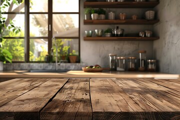 Top rendering wooden table with kitchen bokeh blurred background.