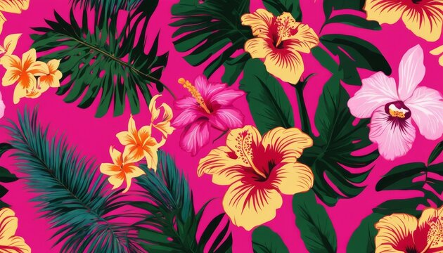 A striking pattern featuring bold tropical flowers and foliage against a hot pink background, exuding a lively summer vibe