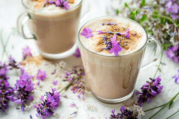 Lavender Latte in Glass Mugs with Flowers
