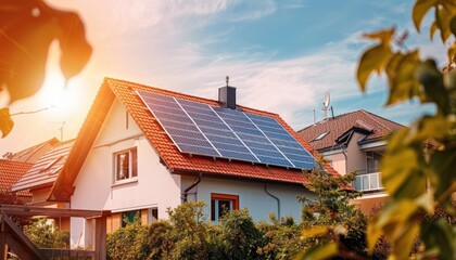 A large house with a solar panel roof and a porch by AI generated image - obrazy, fototapety, plakaty
