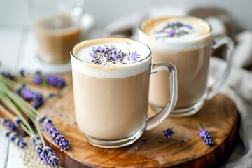 Decorative Lavender Cappuccinos on Wooden Tray