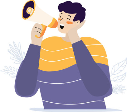 Happy speaker with megaphone. Handsome cartoon character man in yellow and purple shirt making announcement with megaphone loudspeaker over white background. Vector illustration