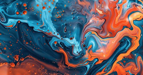 orange and blue liquid marble, molten, flow, futuristic,