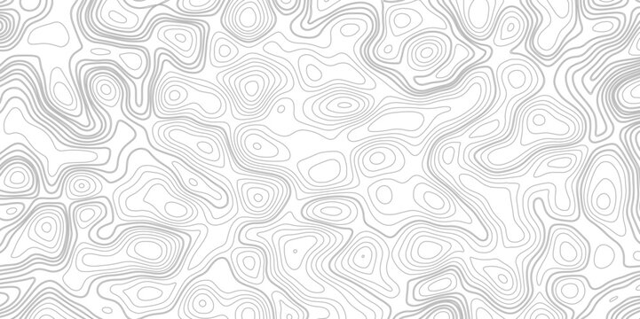 Gray topographic line contour map background, geographic grid map. Seamless vector topographic map background white on dark. Line topography map seamless pattern. Mountain hiking trail over terrain.