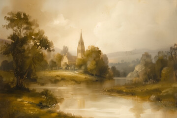 Vintage Church Painting - beautiful Landscape and neutral colors - obrazy, fototapety, plakaty
