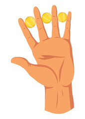 Hand with coins. Money donation, charity or investment. Coins or cash in hand. Colorful flat illustration with isolated on white