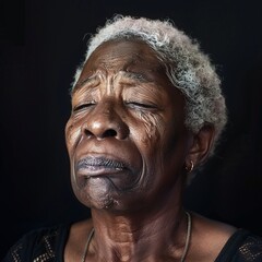 An emotional skincare portrait captures a touching moment of tears from a mature African model aged 60, with blond hair against a soft gradient backdrop