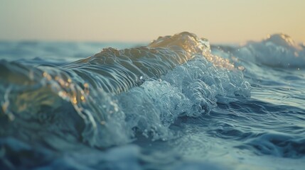 Close-up of a small wave in the blue sea with sunlight reflecting on its surface - obrazy, fototapety, plakaty