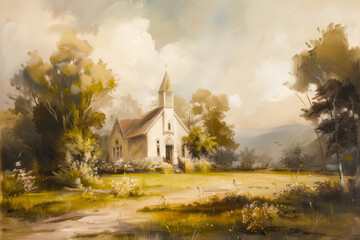 Vintage Church Painting - beautiful Landscape and neutral colors - obrazy, fototapety, plakaty