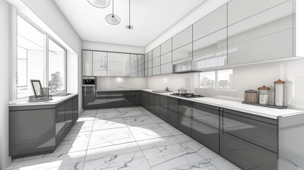modern kitchen with grey cabinets and white walls, interior design, simple pattern wall tiles in the back ground