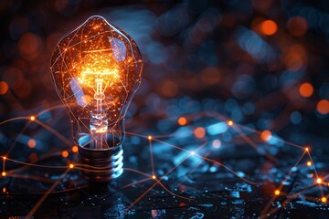 Artistic rendition of a neural network transforming into a light bulb filament, showcasing the connection between thought and innovation - obrazy, fototapety, plakaty