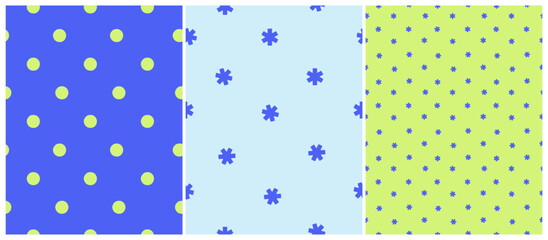 Blue-Green Abstract Seamless Patterns. Light Green Dots on a Vibrant Blue Backgroud. Dark Blue Stars Isolated on a Pastel Blue and Lime Green. Set of Simple Geometric Prints ideal for Fabric. - 776094274
