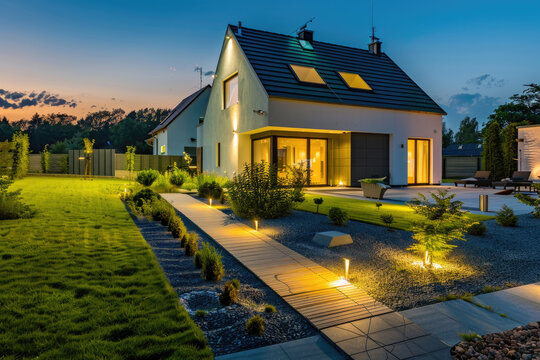 Beautiful garden with modern house, illuminated by lights at night time
