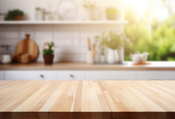 empty wooden countertop against the blurred background of the kitchen window. contour lighting. copy space.