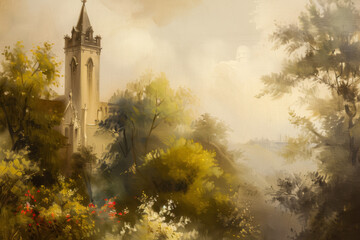 Vintage Church Painting - beautiful Landscape and neutral colors