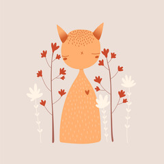 Cute orange cat on a floral background, vector illustration. Greeting card, birthday card design.