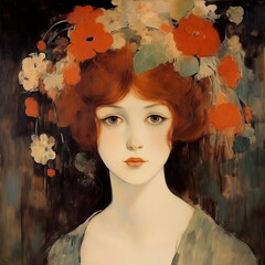 Portrait of a beautiful girl with red flowers. Old style. Oil painting. Dark tones. Romantic mood.
