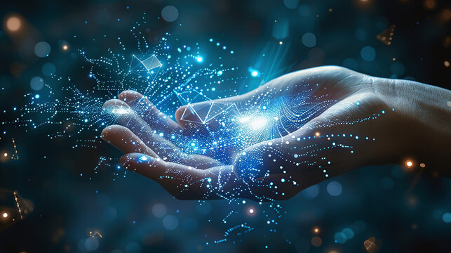 human hand holding virtual data, light, dots, magic of space