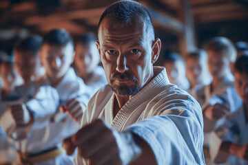 Martial arts instructor demonstrates karate techniques to students, emphasizing form and precision.