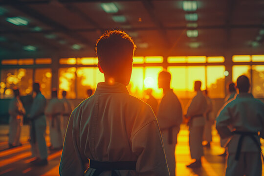 Beginning of a karate class, highlighting the traditional bow in ceremony as kids prepare for training.