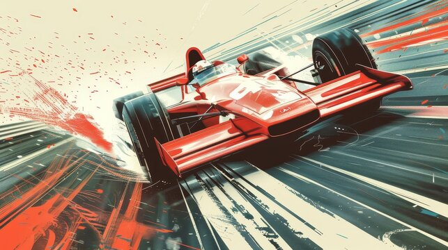 A red race car is speeding down a track. The car is in the middle of a race and is going very fast. The image has a sense of excitement and adrenaline