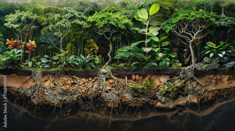 Poster a close up of a forest with roots showing. the roots are spread out and the trees are tall. concept 