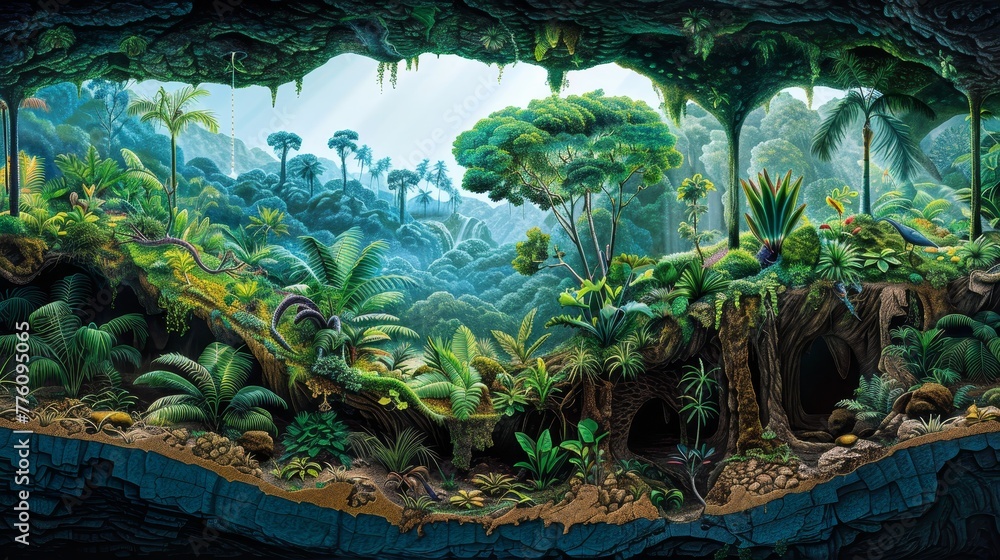 Poster a painting of a jungle with a tree in the middle. the painting is of a forest with a lot of trees an