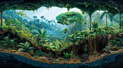 A painting of a jungle with a tree in the middle. The painting is of a forest with a lot of trees and plants