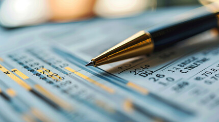 Close-up of a luxury pen on financial charts and graphs, implying business analysis.