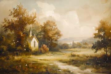 Vintage Church Painting - beautiful Landscape and neutral colors