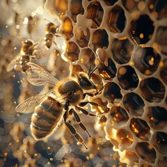 Artistic 3D composition of a bee and honeycomb - obrazy, fototapety, plakaty