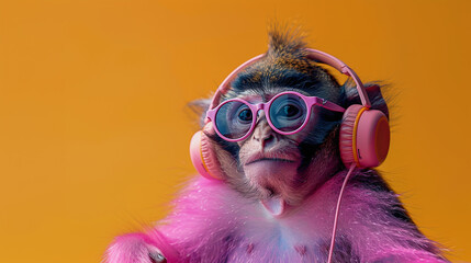 cute funny small monkey wearing cool sunglasses and headset, monkey listening to music, on orange background, colorful outfit