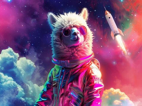 A playful alpaca character decked out in a shiny space jacket gazing at a distant galaxy backdrop