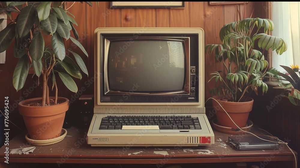Aufkleber a computer monitor sits on a wooden table next to a potted plant. the computer is an old model and t