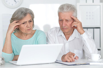 portrait of two old people working with a laptop in the office