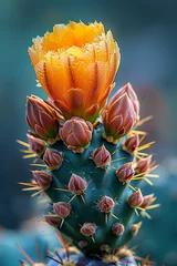 Foto op Plexiglas Dynamic closeup of a cactus in bloom in the desert, capturing the contrast between the harsh, spiky exterior and the delicate, vibrant flowers © Wilasinee