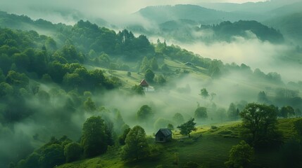 A foggy, misty day in the countryside with a small house in the distance. The trees are lush and green, and the sky is overcast
